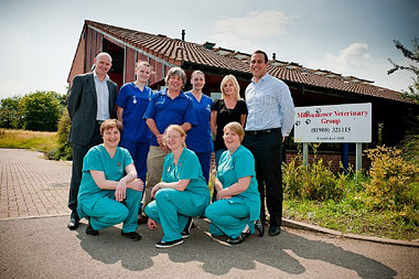 Stuart Geeves, Petplan Partnerships Marketing Manager, with Midsummer Vet Group Staff and Carl Stephens, Petplan Communications Manager